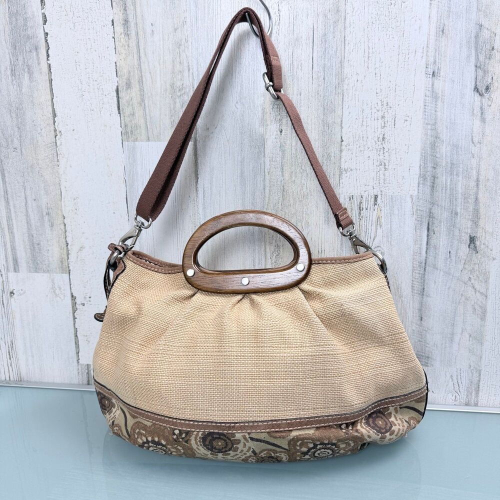 Fossil Tan Woven Canvas & Floral Print Tote with Wooden Handles Crossbody bag